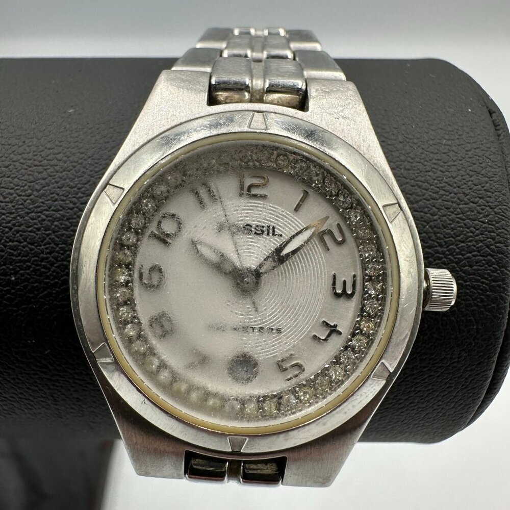 3/$30 Fossil Watch Women Silver Tone White Dial Date Flawed Crystal 7.25" - Picture 3 of 14